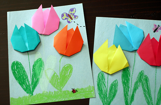 http://www.makeandtakes.com/create-springtime-art-with-simple-origami-tulips