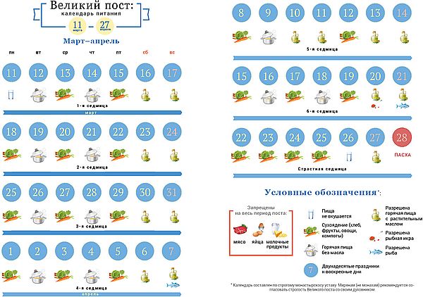 Великий пост,великий пост 2019, великий пост календарь питания, что можно есть в великий пост, что нельзя есть в великий пост