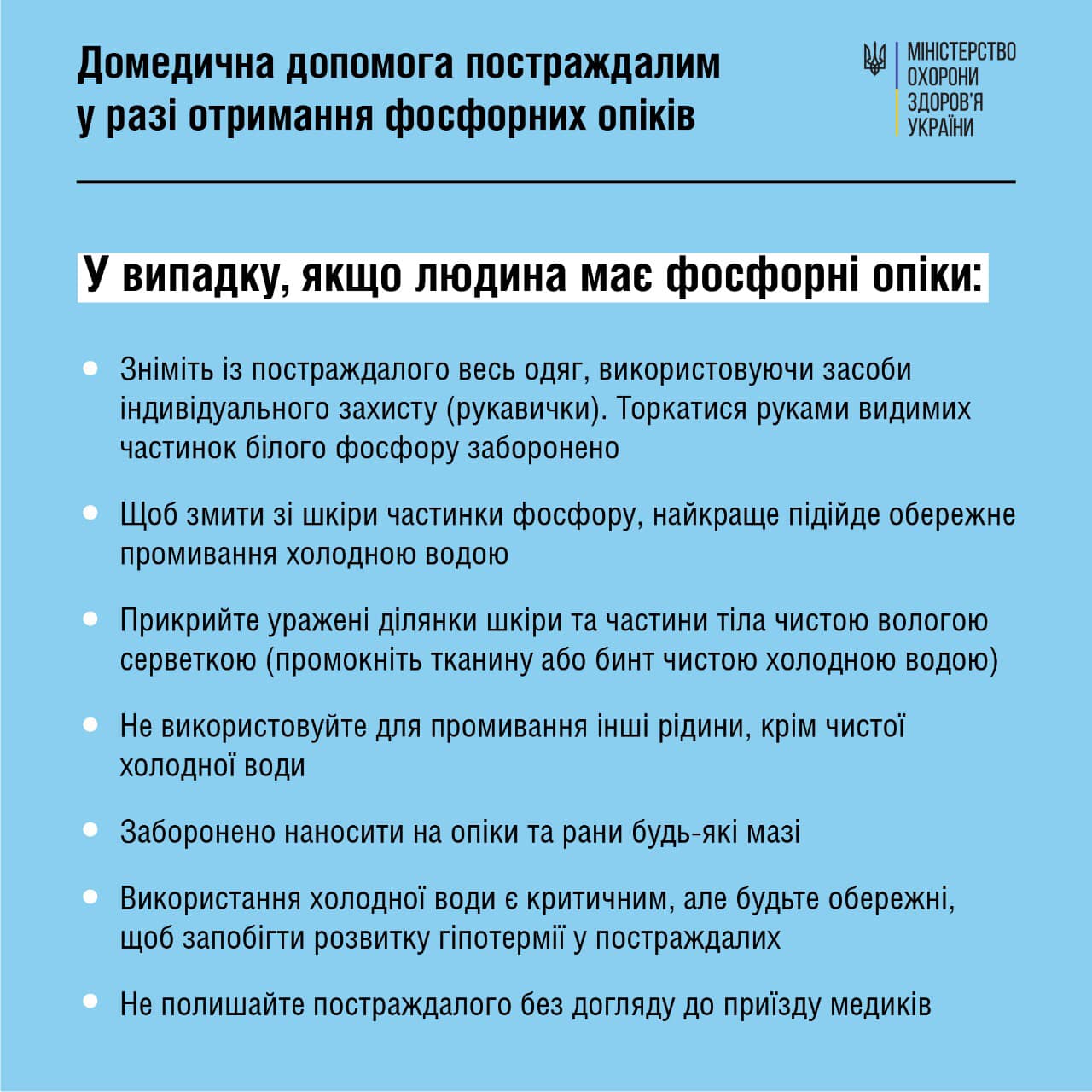 Домедична допомога постраждалим у разі отримання фосфорних опіків 